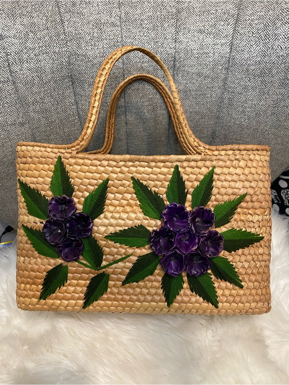 Handmade Artisanal Woven Straw Tote with Purple Florals